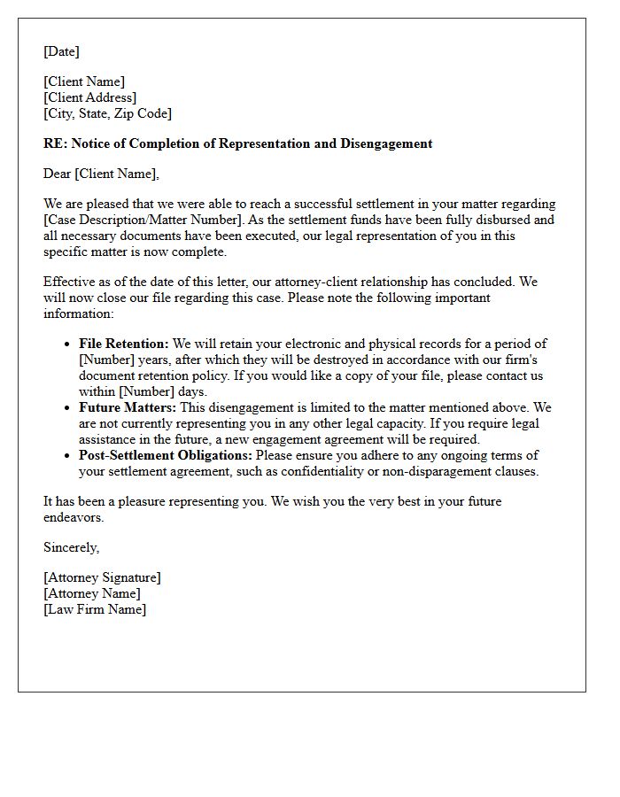 Notice of Post-Settlement Disengagement Letter