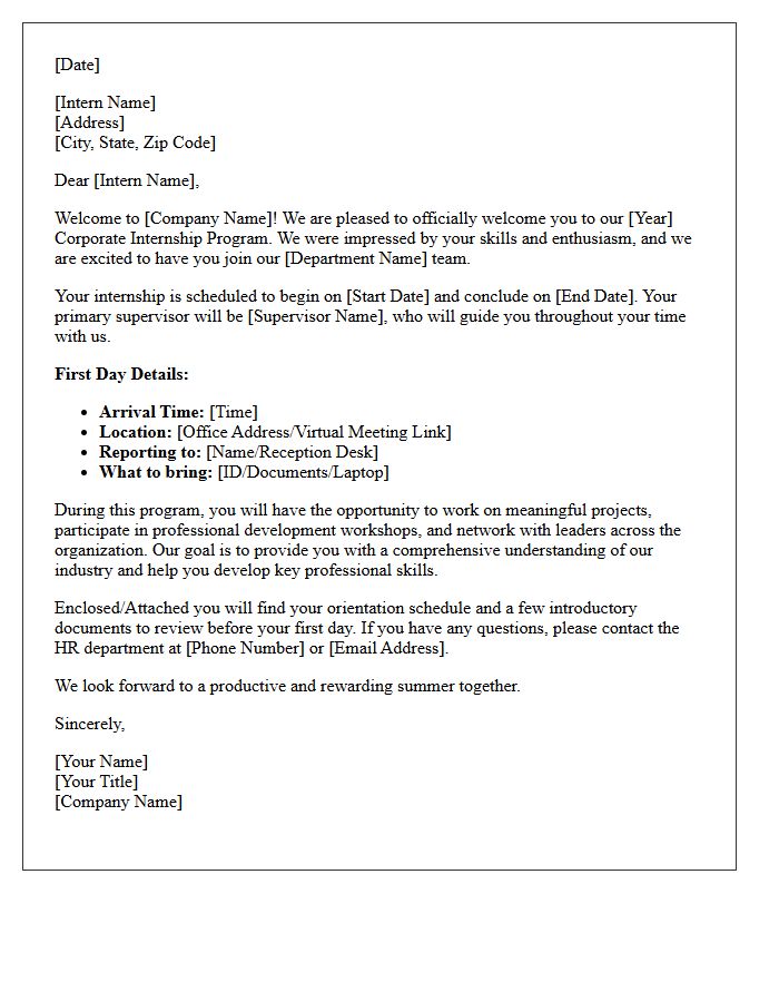 Corporate Internship Program Welcome Letter