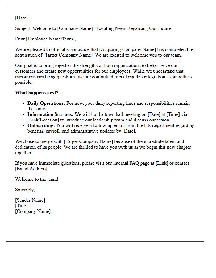 Merger And Acquisition Transition Welcome Letter