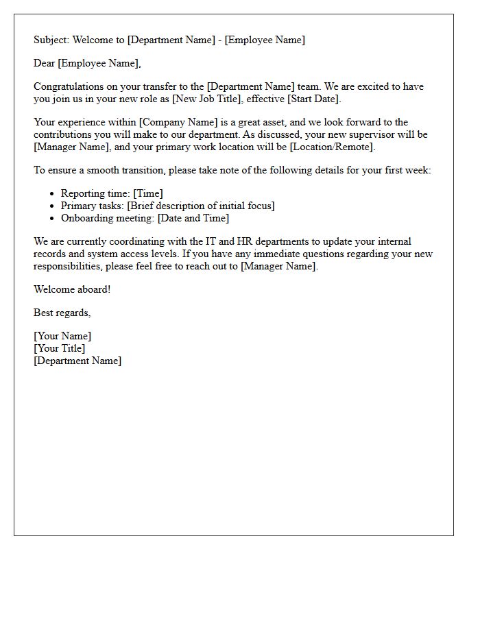 Internal Department Transfer Welcome Letter
