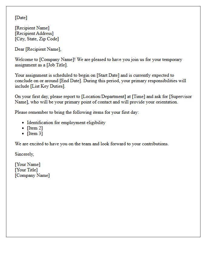 Temporary Staff Assignment Welcome Letter