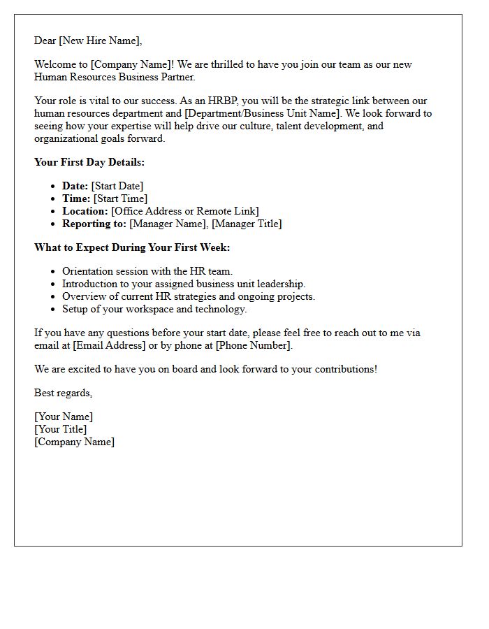 Human Resources Business Partner Onboarding Welcome Letter