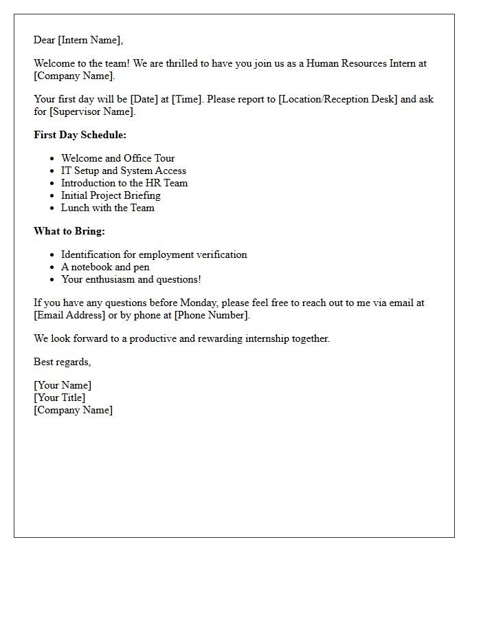 First Day Welcome Letter for Human Resources Intern