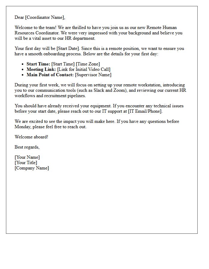 Supervisor Welcome Letter for Remote Human Resources Coordinator