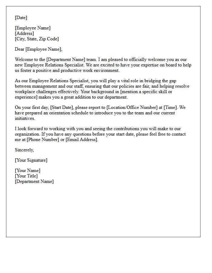 Welcome Letter for Employee Relations Specialist from Department Head