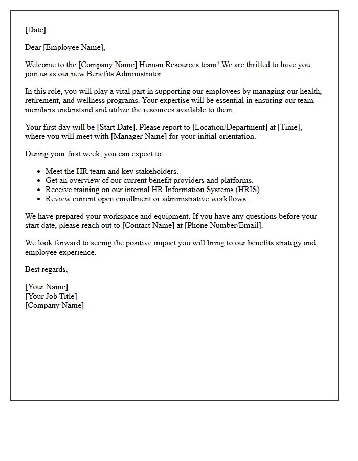 Human Resources Team Welcome Letter for Benefits Administrator