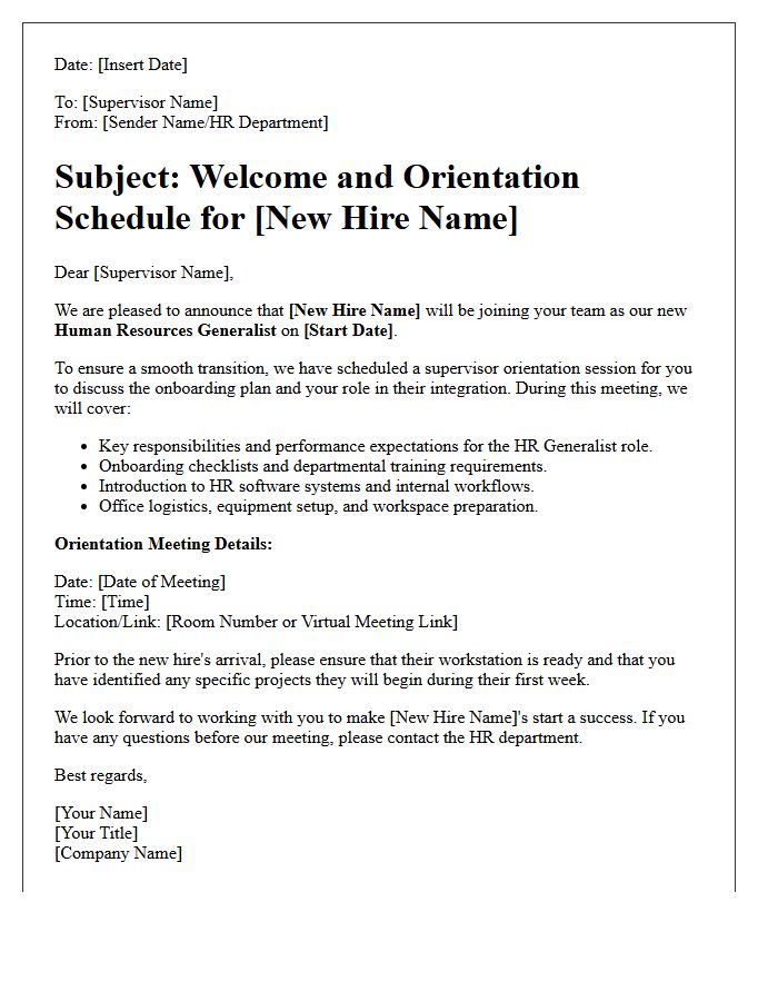 Supervisor Orientation Welcome Letter for Human Resources Generalist