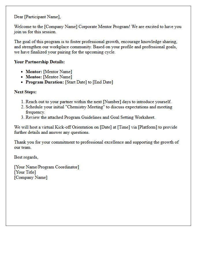 Corporate Mentor Program Welcome Letter