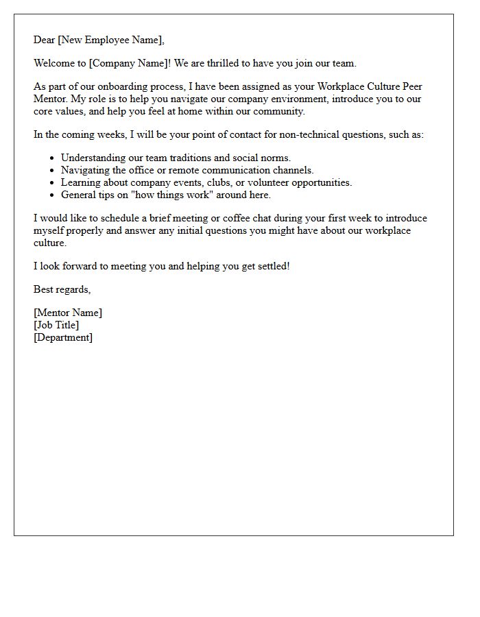 Workplace Culture Peer Mentor Welcome Letter
