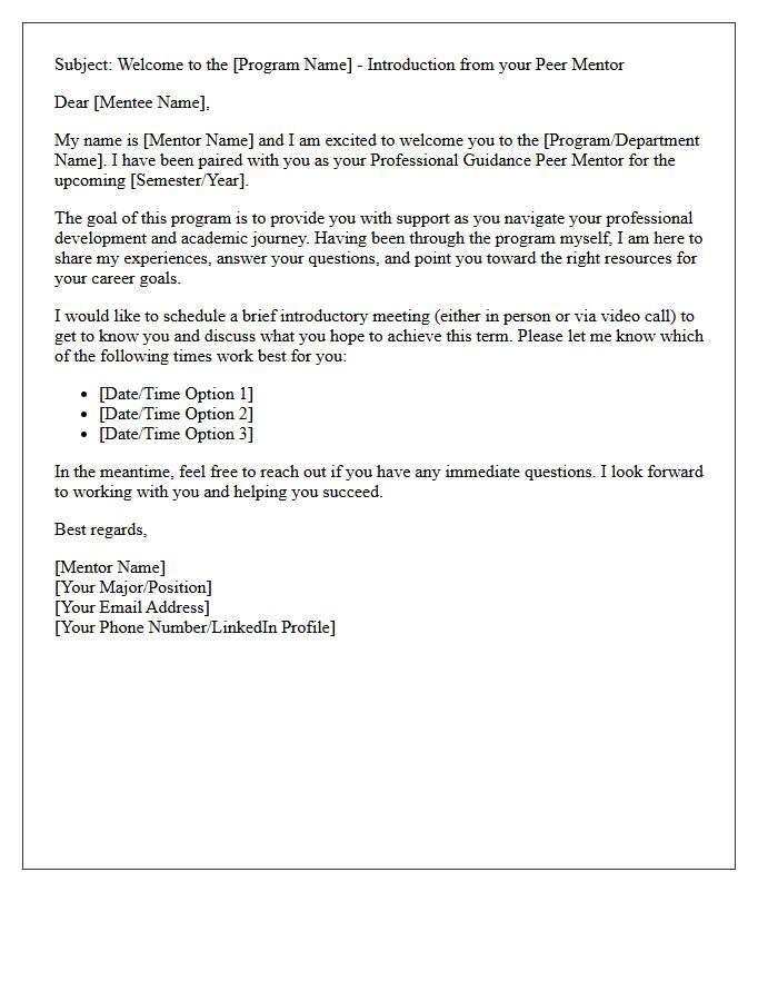 Professional Guidance Peer Mentor Welcome Letter