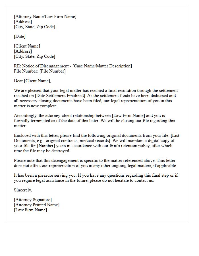 Attorney-Client Post-Settlement Disengagement Letter