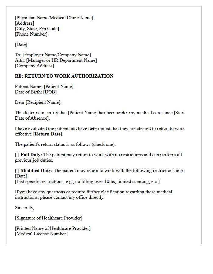Return to Work Authorization Letter