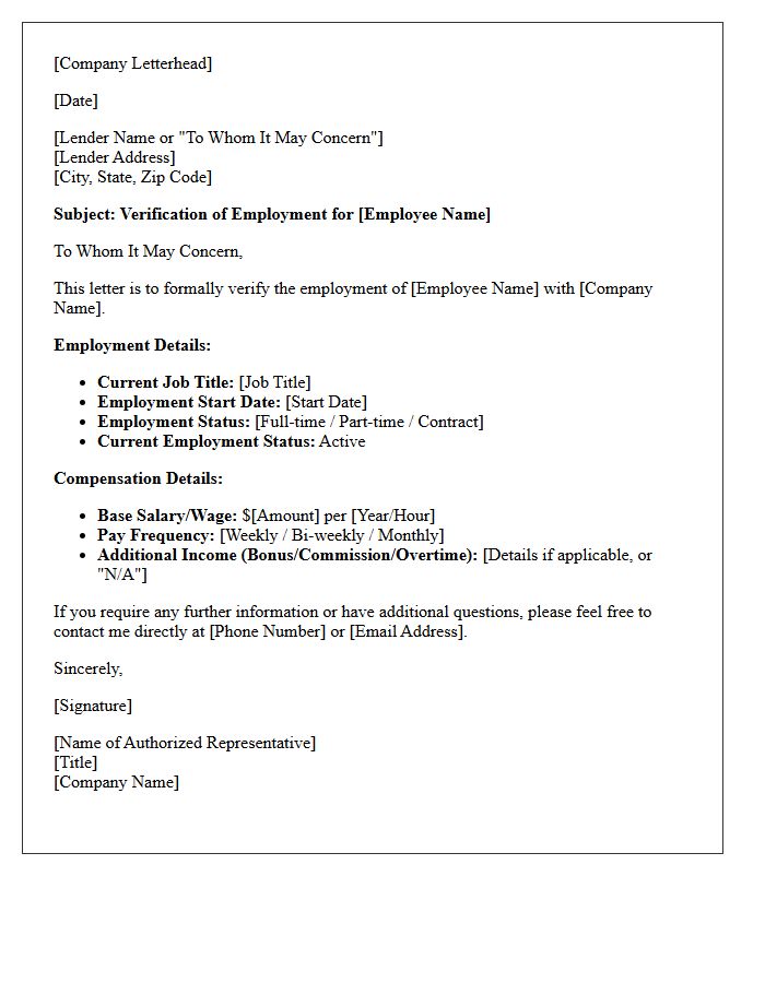 Standard Employment Verification Letter for Mortgage Application