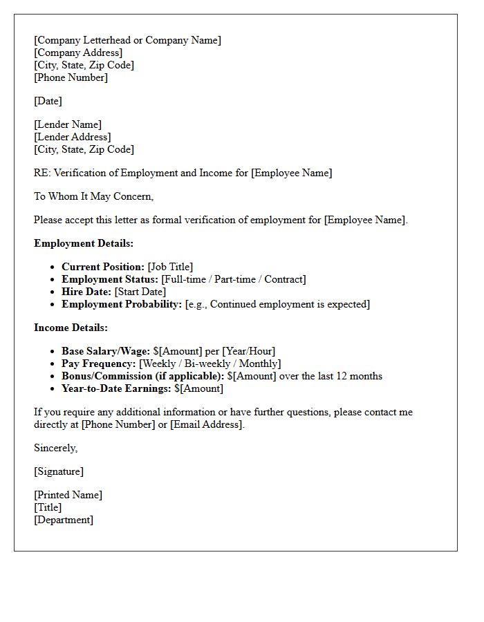 Income and Employment Verification Letter for Mortgage Lender
