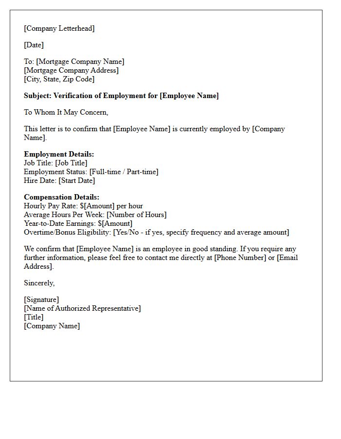 Hourly Worker Employment Verification Letter for Mortgage Approval