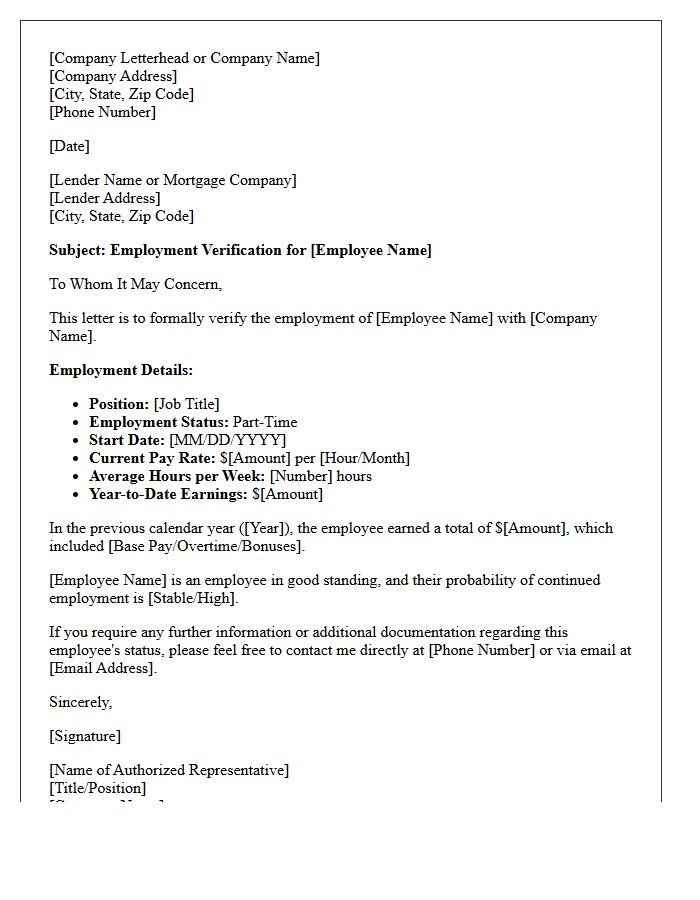 Part-Time Employee Verification Letter for Mortgage Application