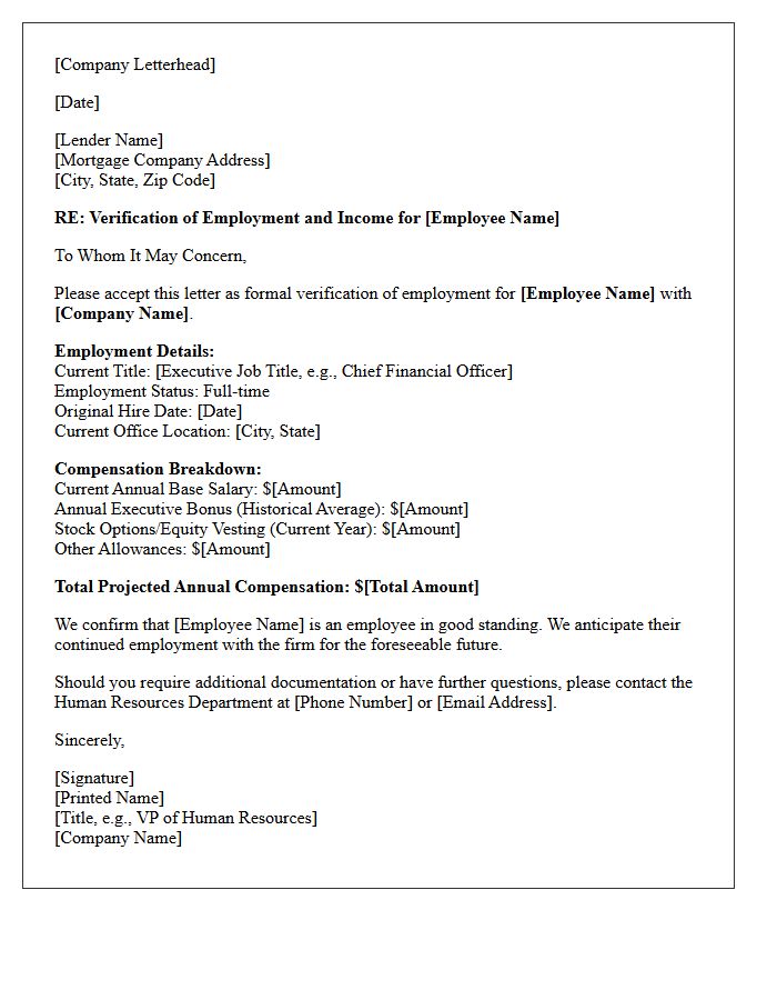 Executive Income and Employment Verification Letter for Mortgage