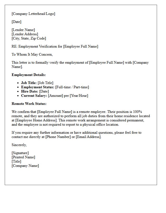 Remote Worker Employment Verification Letter for Mortgage Application