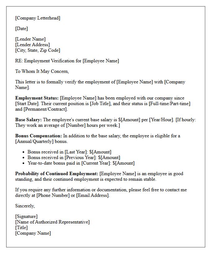 Base Salary and Bonus Employment Verification Letter for Mortgage