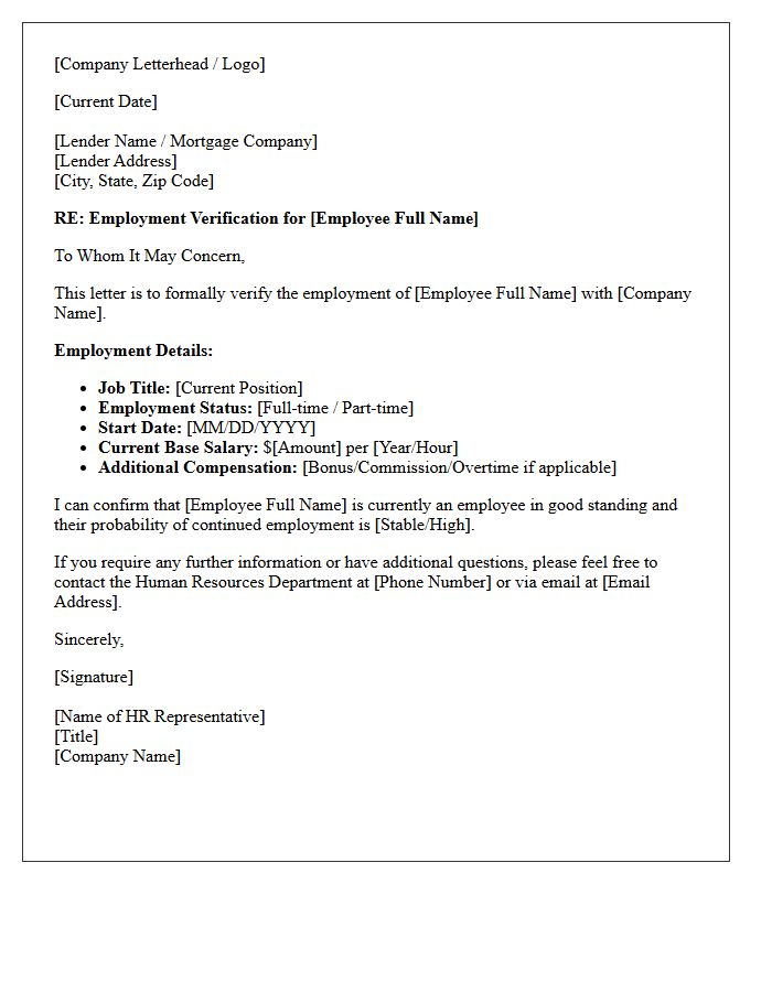 Corporate Human Resources Employment Verification Letter for Mortgage Application