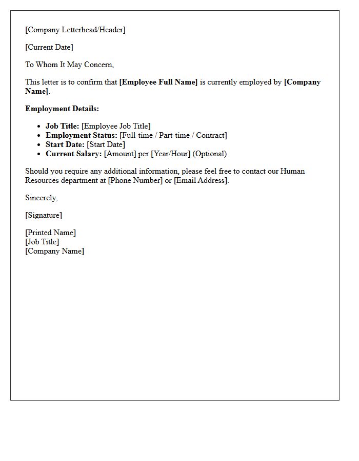 Standard Employment Verification Letter