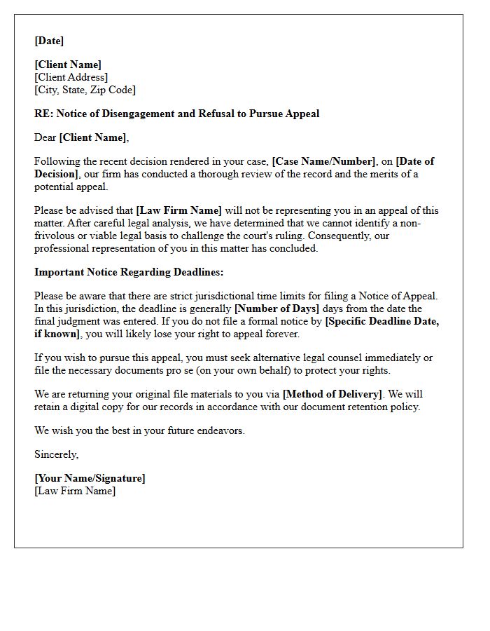 Notice of Disengagement and Refusal to Pursue Appeal Letter