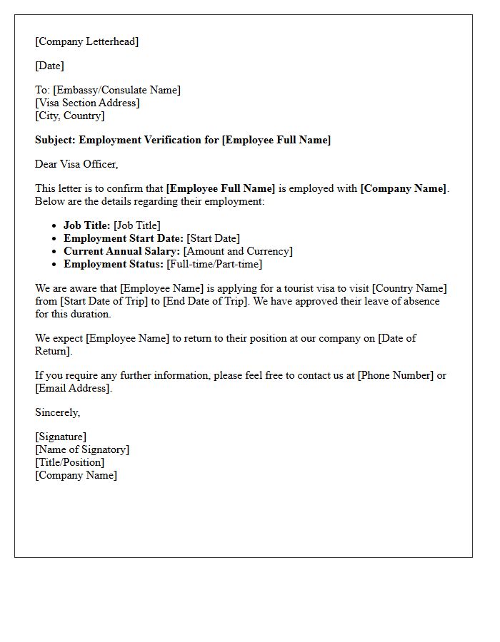 Standard Employment Verification Letter for Tourist Visa Application