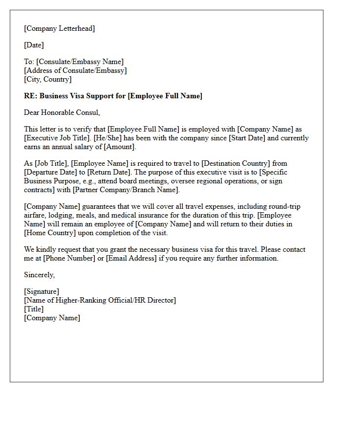 Executive Employment Verification Letter for Business Visa