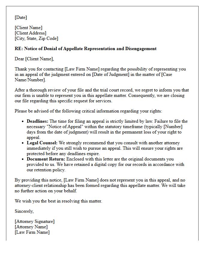 Appellate Representation Denial and Disengagement Letter