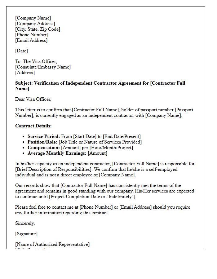 Independent Contractor Verification Letter for Visa Application