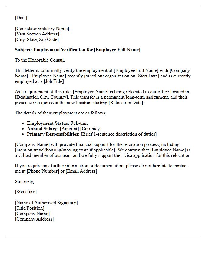 Recent Hire Employment Verification Letter for Relocation Visa