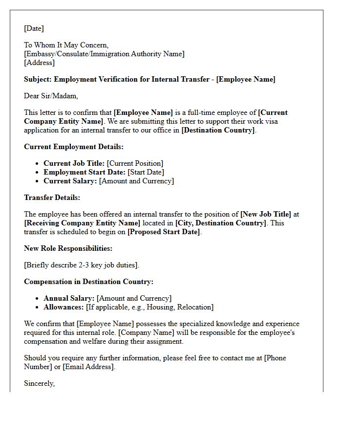Internal Transfer Employment Verification Letter for Work Visa