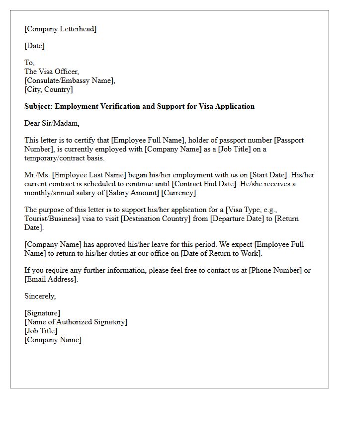 Temporary Employee Verification Letter for Travel Visa