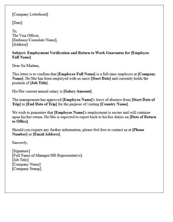 Return to Work Guarantee Employment Verification Letter for Visa Application