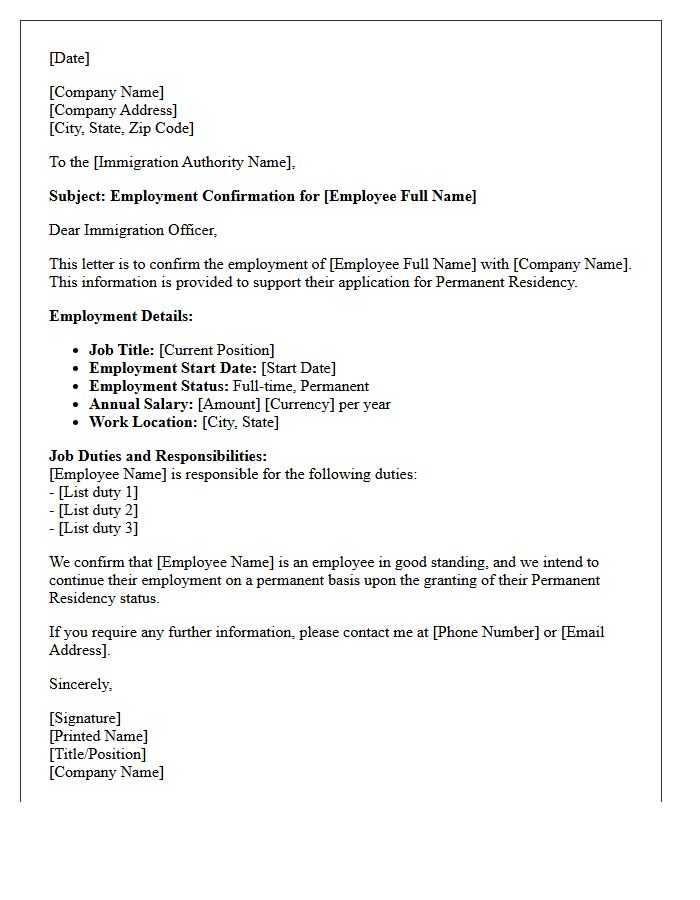 Permanent Residency Employment Confirmation Letter