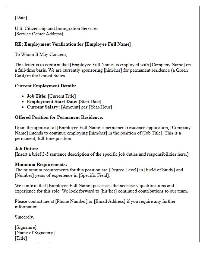 Green Card Sponsorship Employment Verification Letter