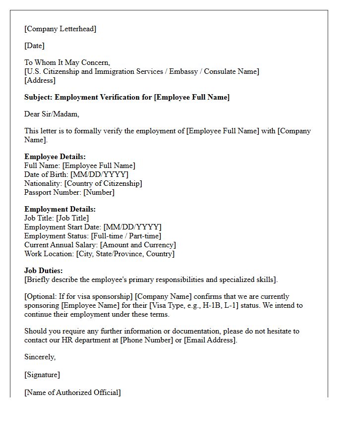 Foreign National Employment Verification Letter