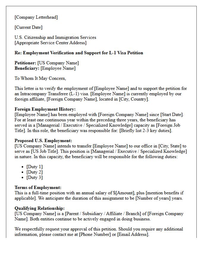 Intracompany Transferee Employment Verification Letter