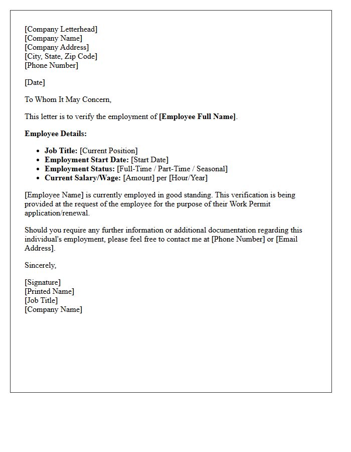 Work Permit Employment Verification Letter