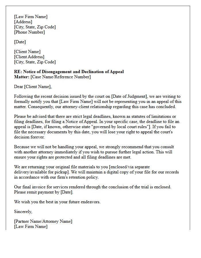 Law Firm Disengagement and Appeal Declination Letter