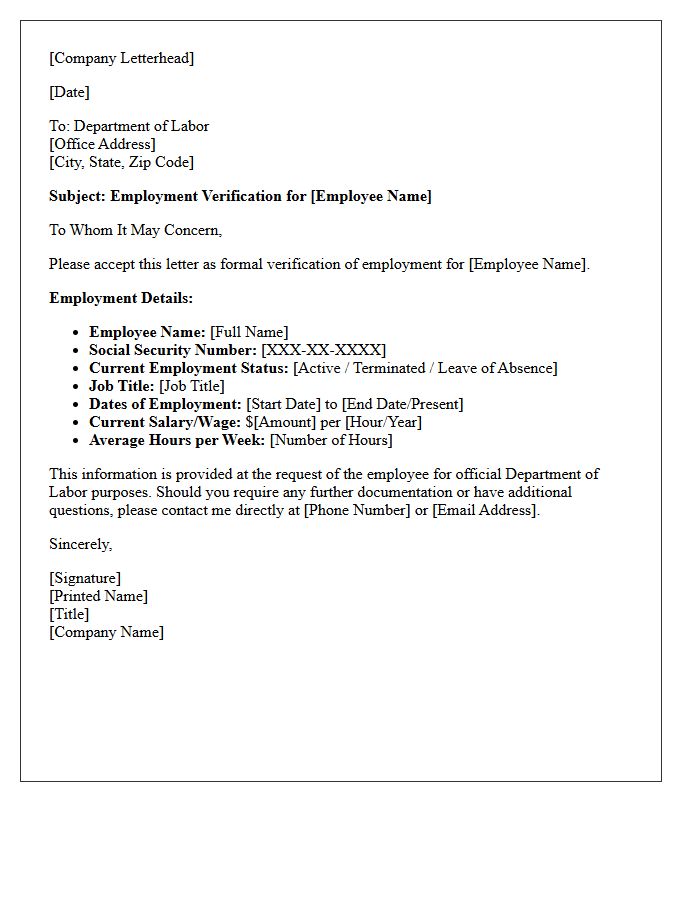 Department of Labor Employment Verification Letter