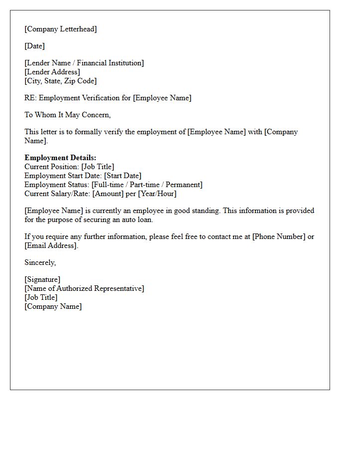 Standard Employment Verification Letter for Auto Loan