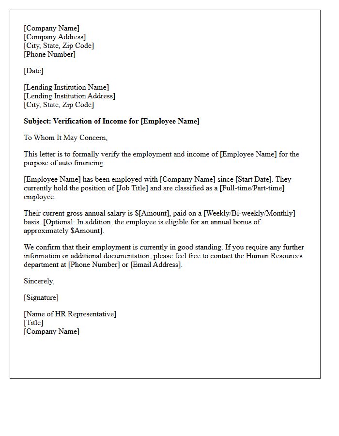 Human Resources Income Verification Letter for Auto Financing