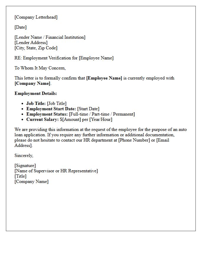 Proof of Employment Letter for Auto Loan Application
