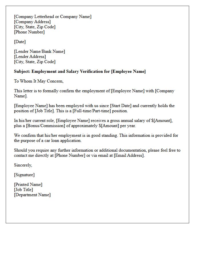 Salary and Employment Verification Letter for Car Loan