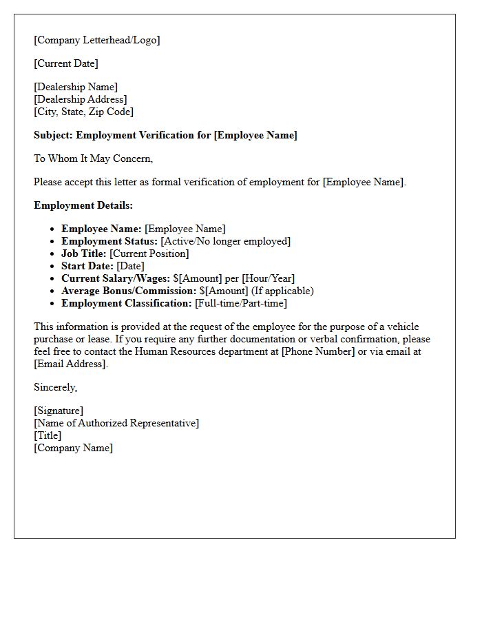 Official Company Employment Verification Letter for Auto Dealership