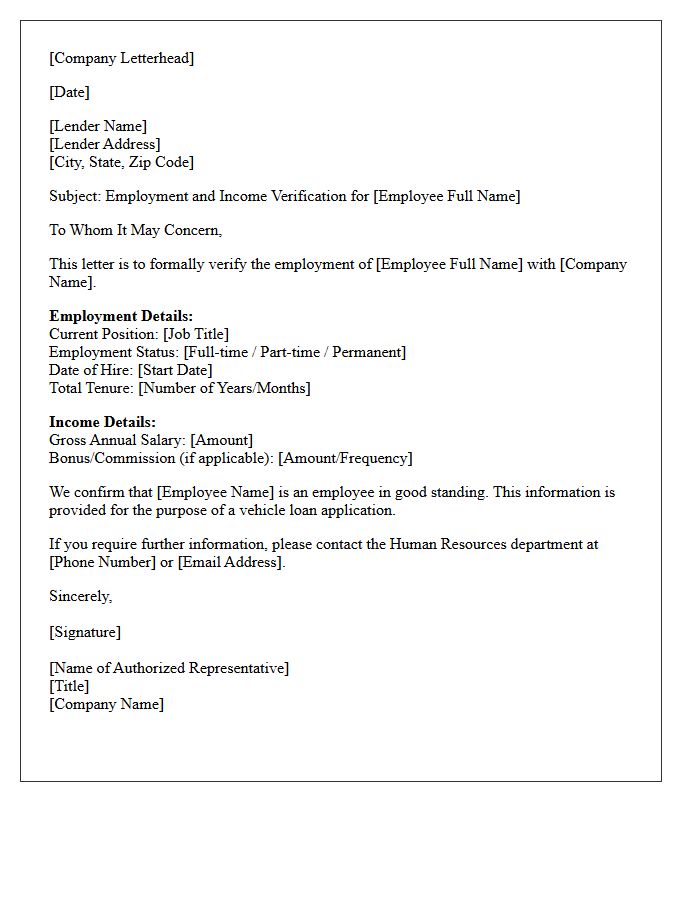 Employee Tenure and Income Verification Letter for Vehicle Loan