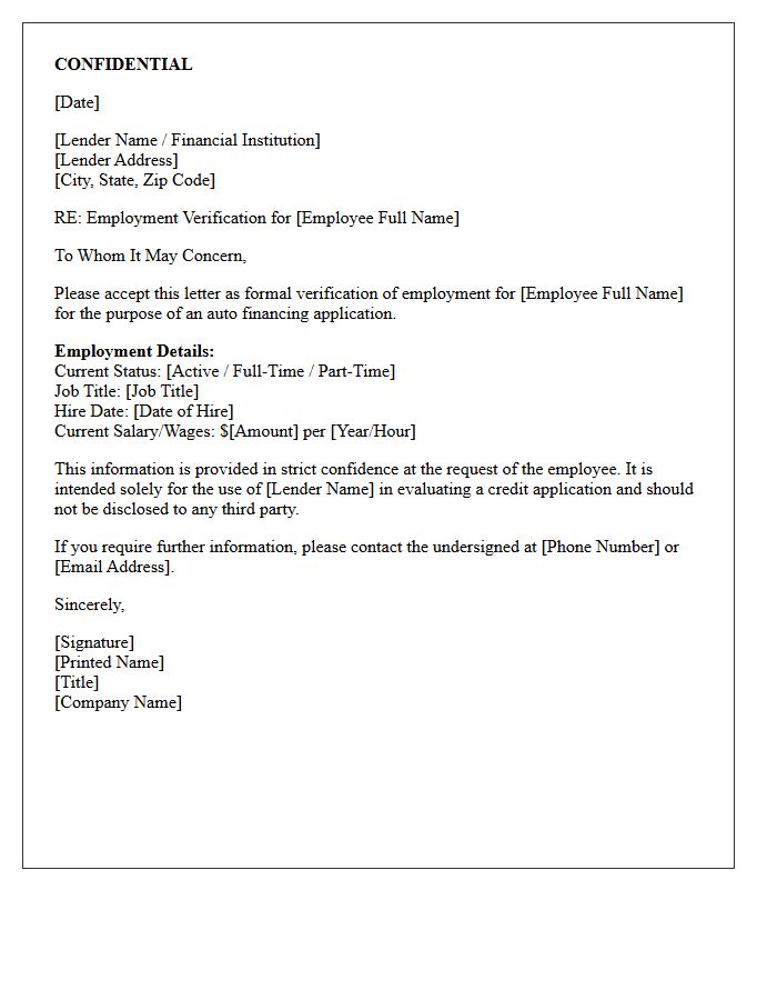 Confidential Employment Status Letter for Auto Financing