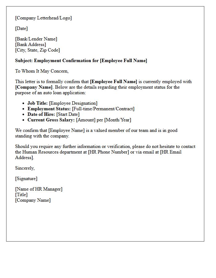 Direct HR Confirmation Letter for Employee Auto Loan