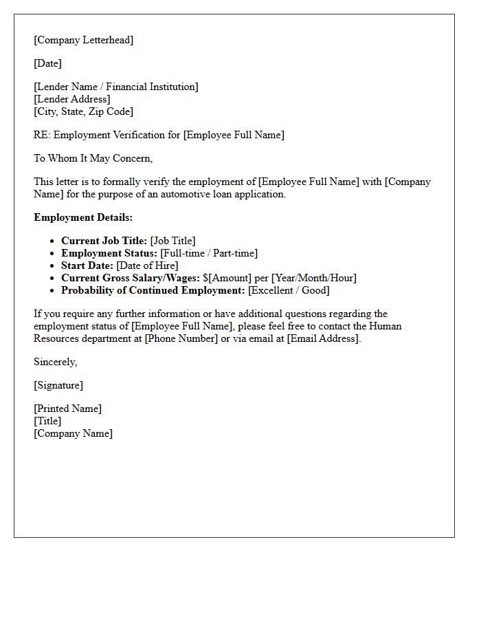 Automotive Loan Employment Verification Letter from Human Resources
